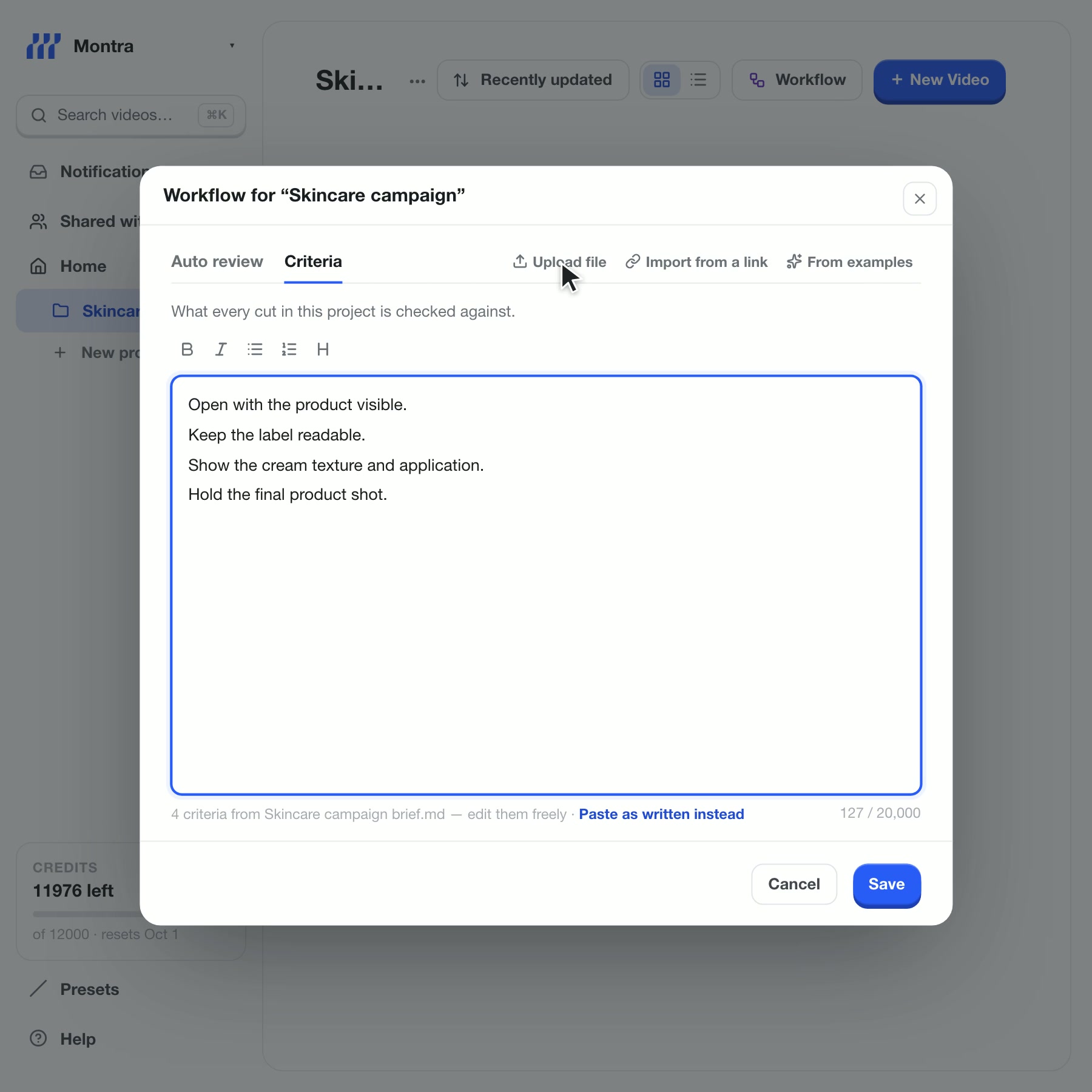 Workflow opens on Auto review, switched on for every new video in the project. A brief is uploaded on the Criteria tab, its four extracted criteria appear, and Save stores them.