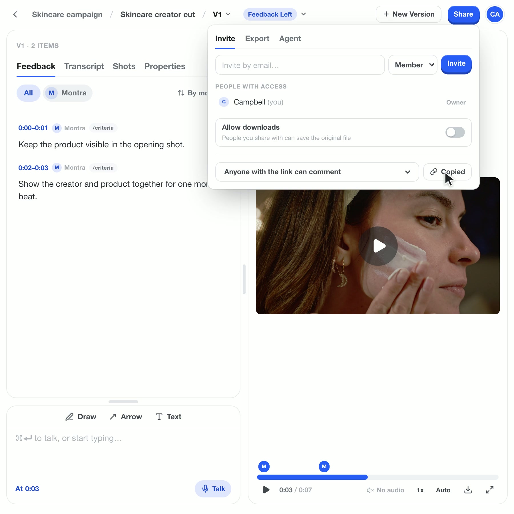 Three ways to send feedback back from Share. A review link is copied, and the creator who opens it sees only the posted comments. The comments are set to export as Premiere Pro markers. Copy for agent copies the feedback for an AI agent connected through MCP.