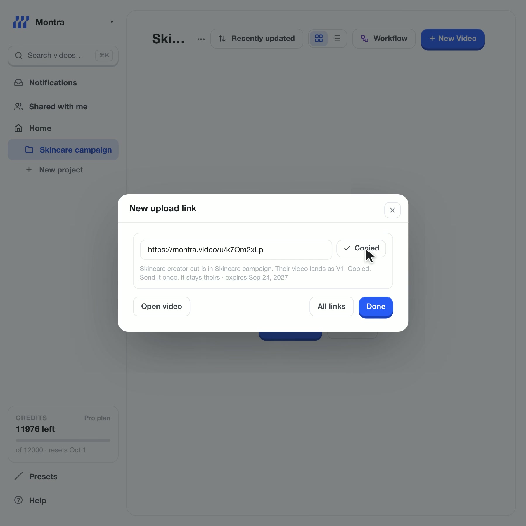 Two ways to bring in a video. A cut is uploaded directly and lands in the project. Then an upload link is created and copied; the creator uploads through it, and when their video arrives Montra starts checking it against the criteria.