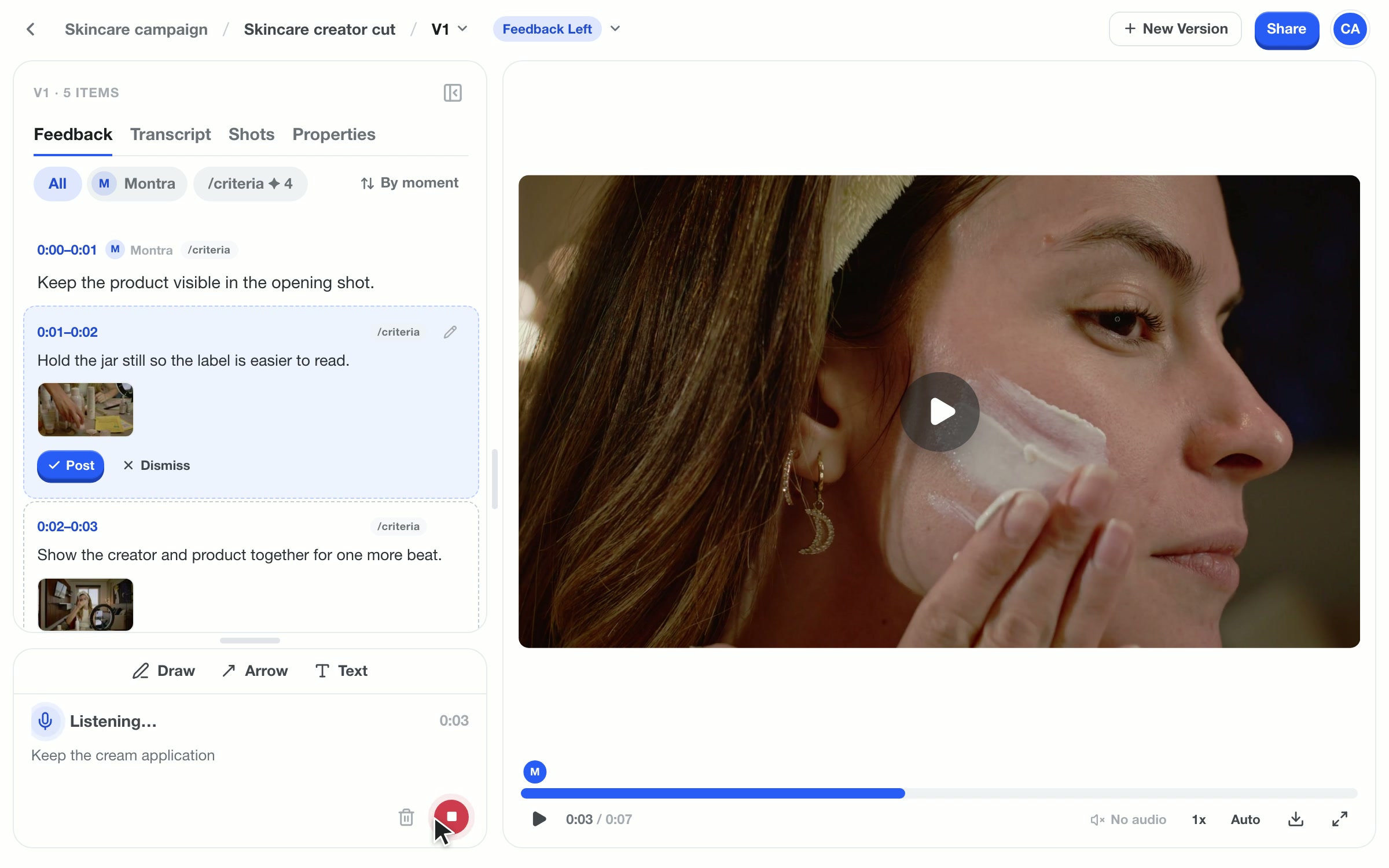 Suggestions rise into the video workspace. A teammate clicks Post, starts Talk, and speaks as a live transcript becomes a new timecoded comment.