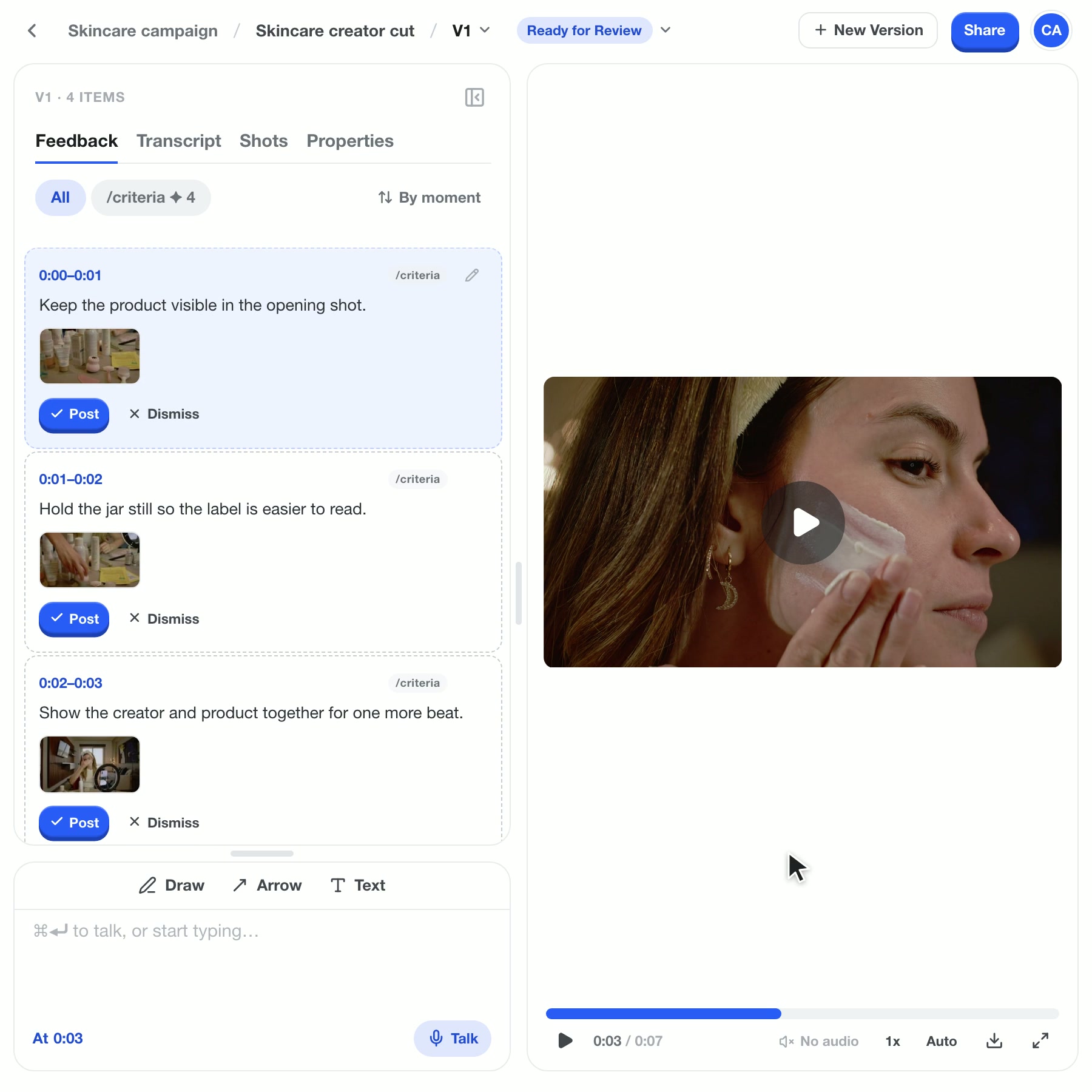 Montra checks the video against the saved criteria, then four timecoded suggestions appear. Two are posted and become published feedback; two are dismissed.