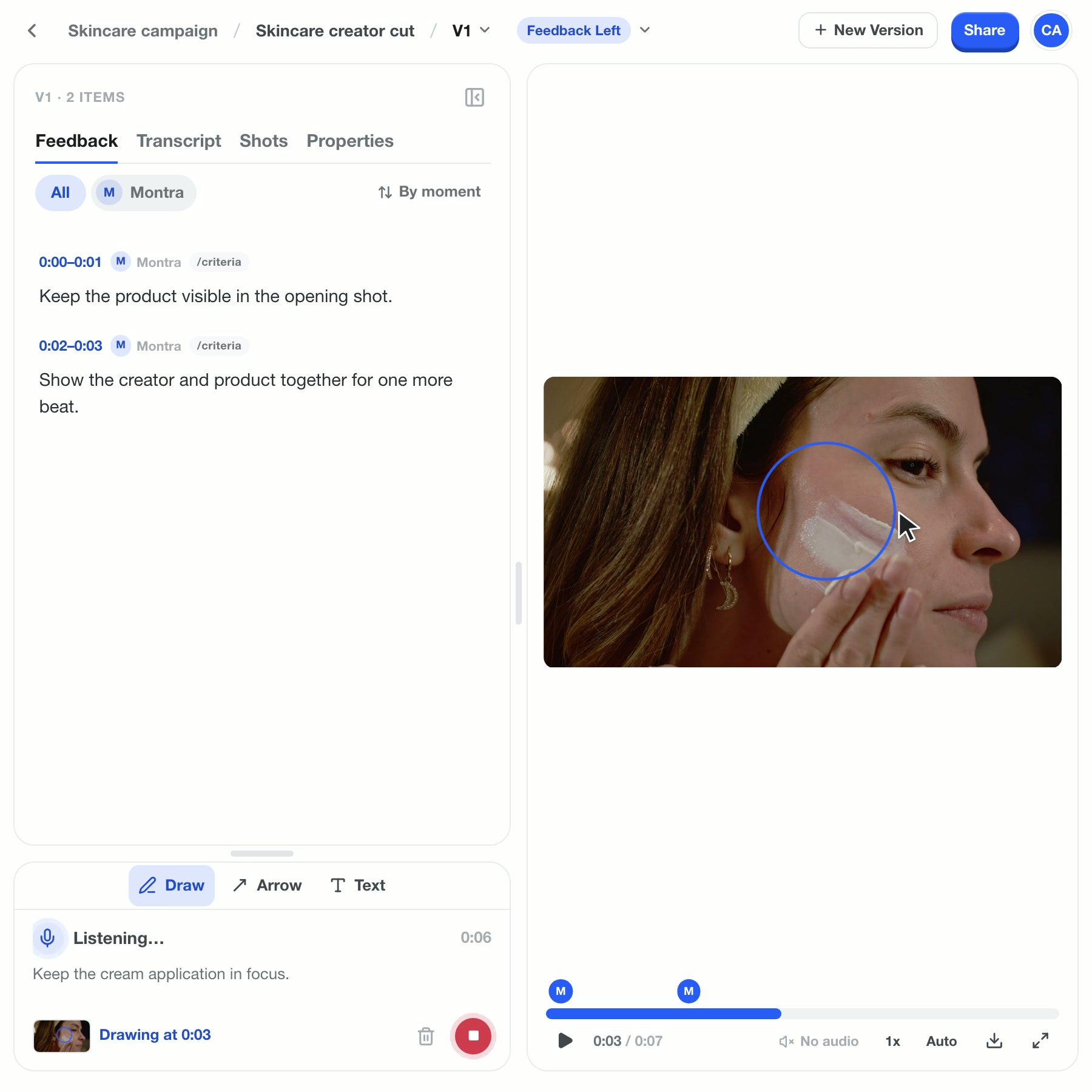 Talk starts recording with a visible microphone and live transcript. A circle is drawn on the video while recording continues, then the timecoded feedback and annotated frame appear together.